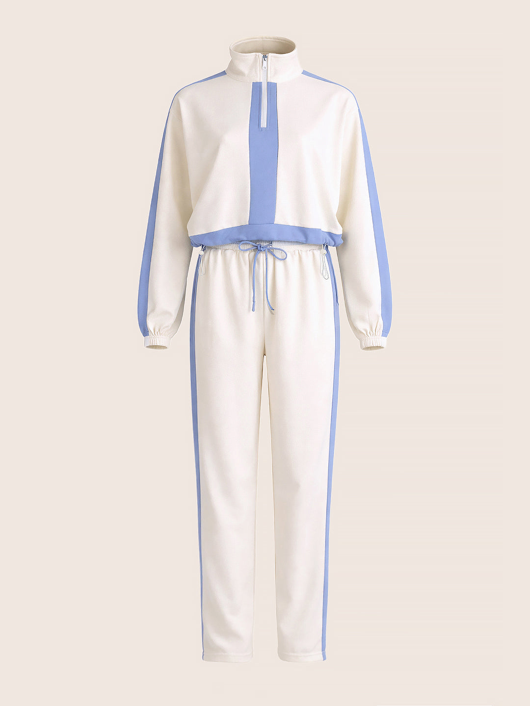 Women's Cream Relaxed Fit Colourblocked Casual Coordinates