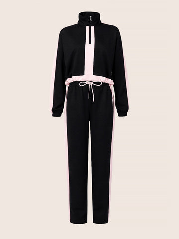 Women's Black Relaxed Fit Colourblocked Casual Coordinates