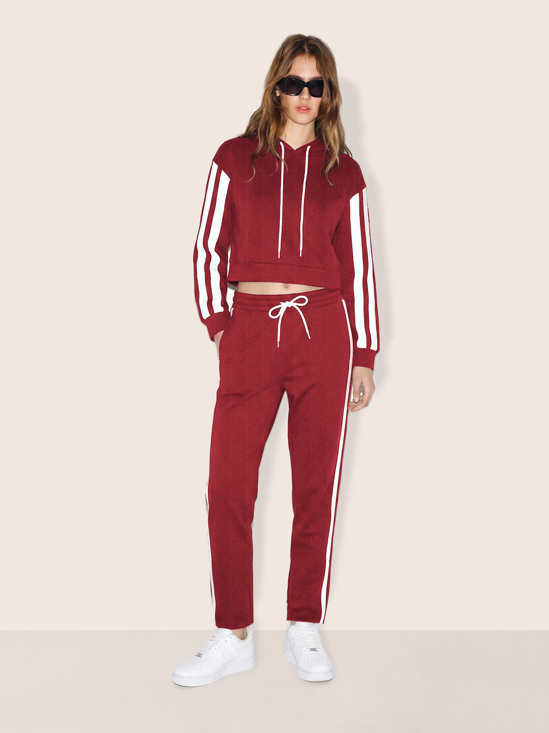 Women's Maroon Relaxed Fit Colourblocked Casual Coordinates