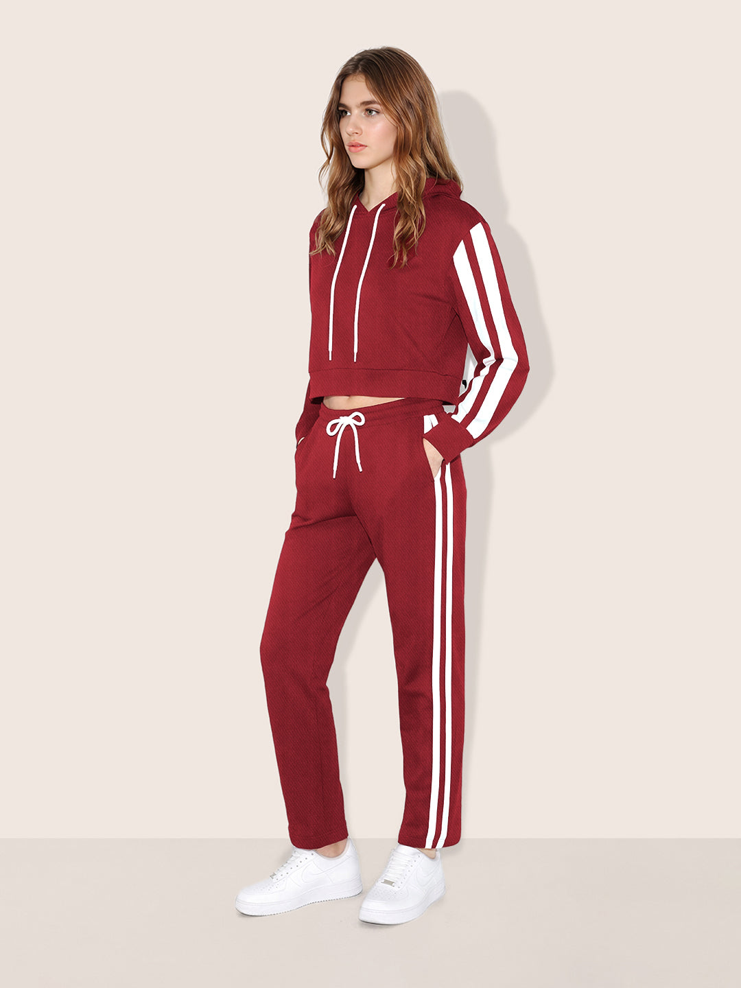 Women's Maroon Relaxed Fit Colourblocked Casual Coordinates