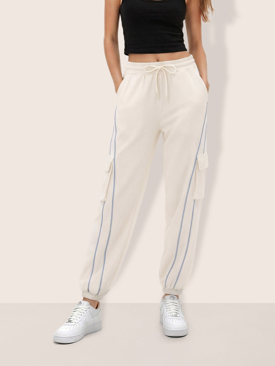 Women's Cream Loose Fit Solid Casual Joggers