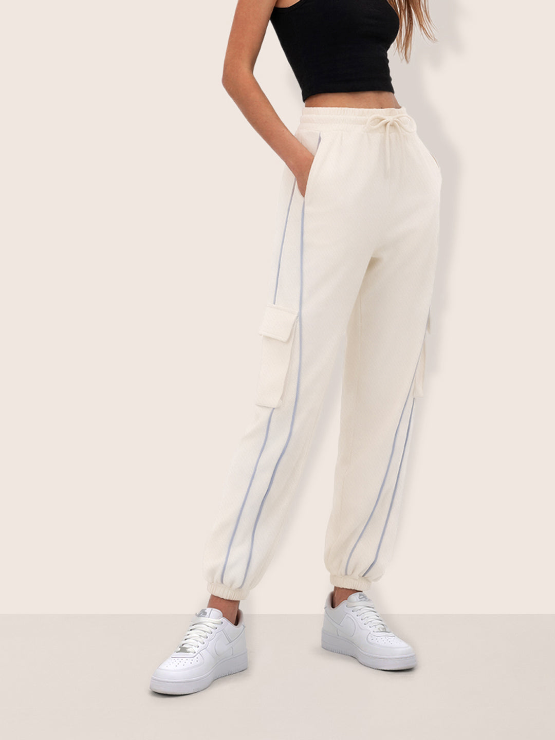 Women's Cream Loose Fit Solid Casual Joggers