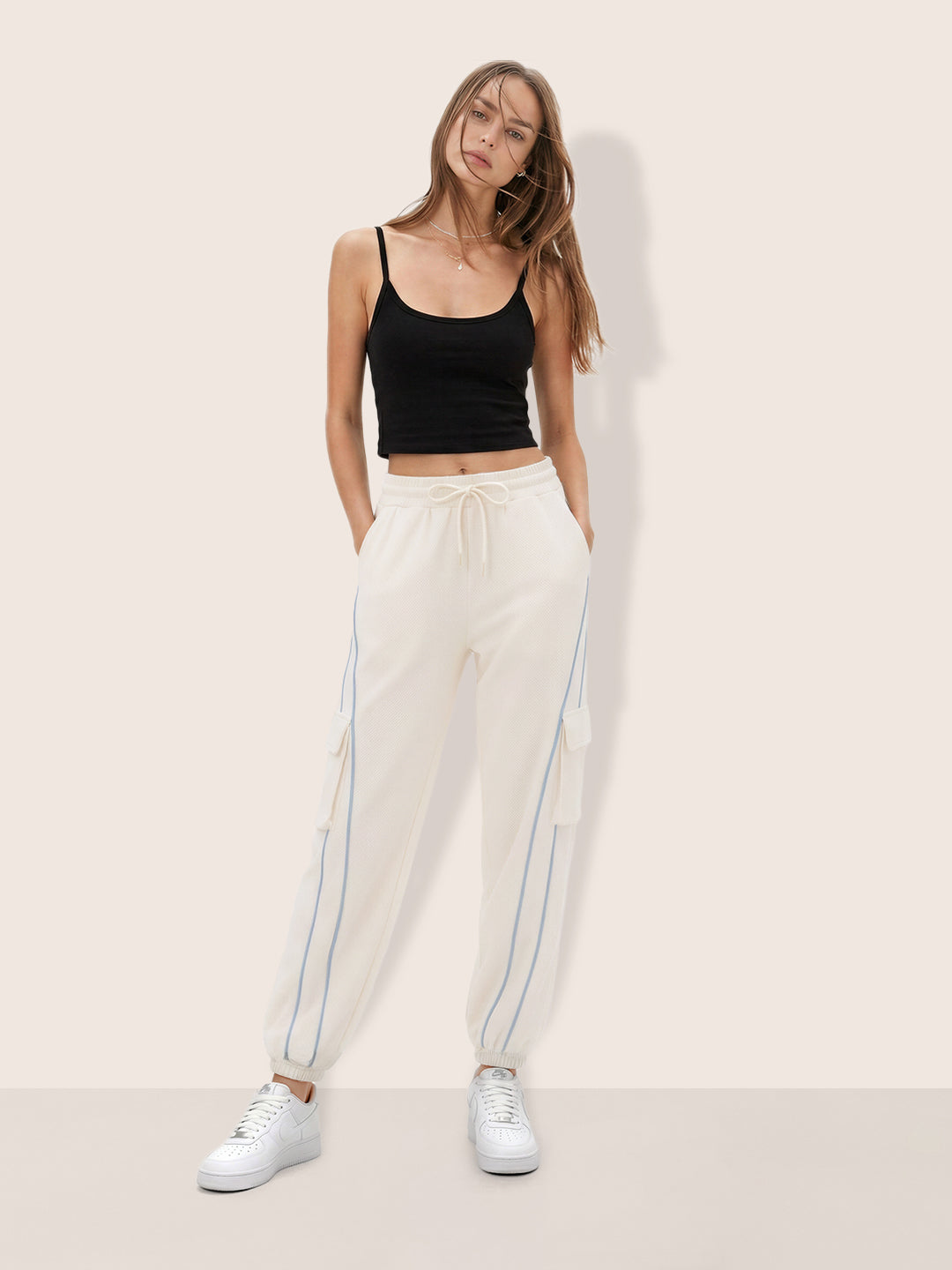 Women's Cream Loose Fit Solid Casual Joggers