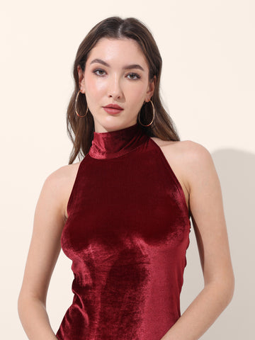 Women's Red Regular Fit Party Wear Solid Dress