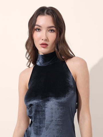 Women's Blue Regular Fit Party Wear Solid Dress