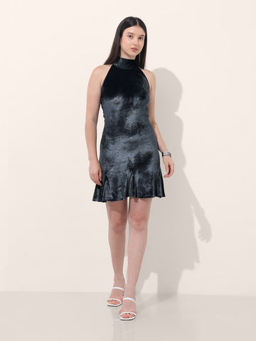 Women's Blue Regular Fit Party Wear Solid Dress