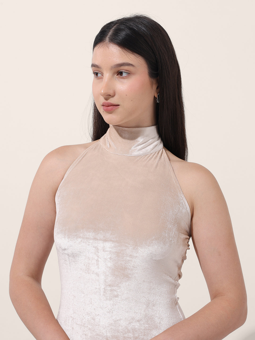 Women's Beige Regular Fit Party Wear Solid Dress