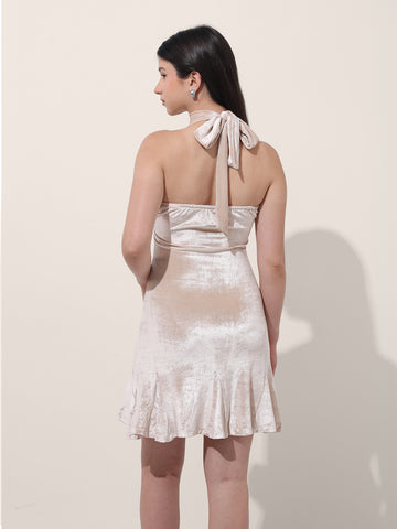 Women's Beige Regular Fit Party Wear Solid Dress