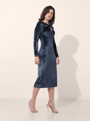 Women's Blue Regular Fit Party Wear Solid Dress