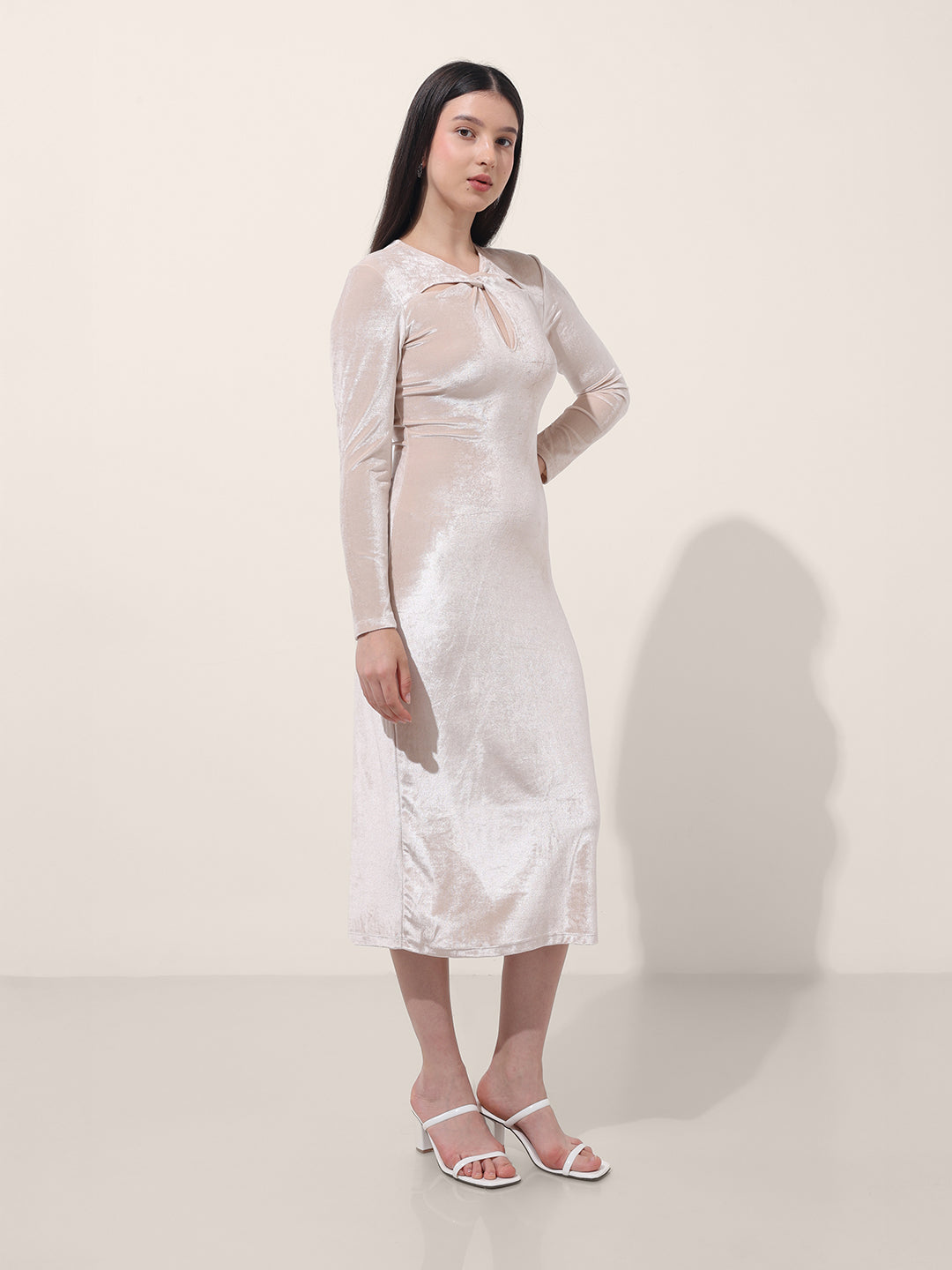 Women's Beige Regular Fit Party Wear Solid Dress