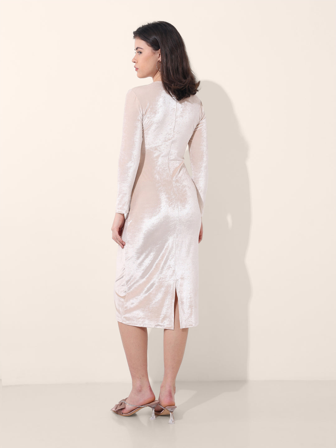 Women's Beige Regular Fit Party Wear Solid Dress