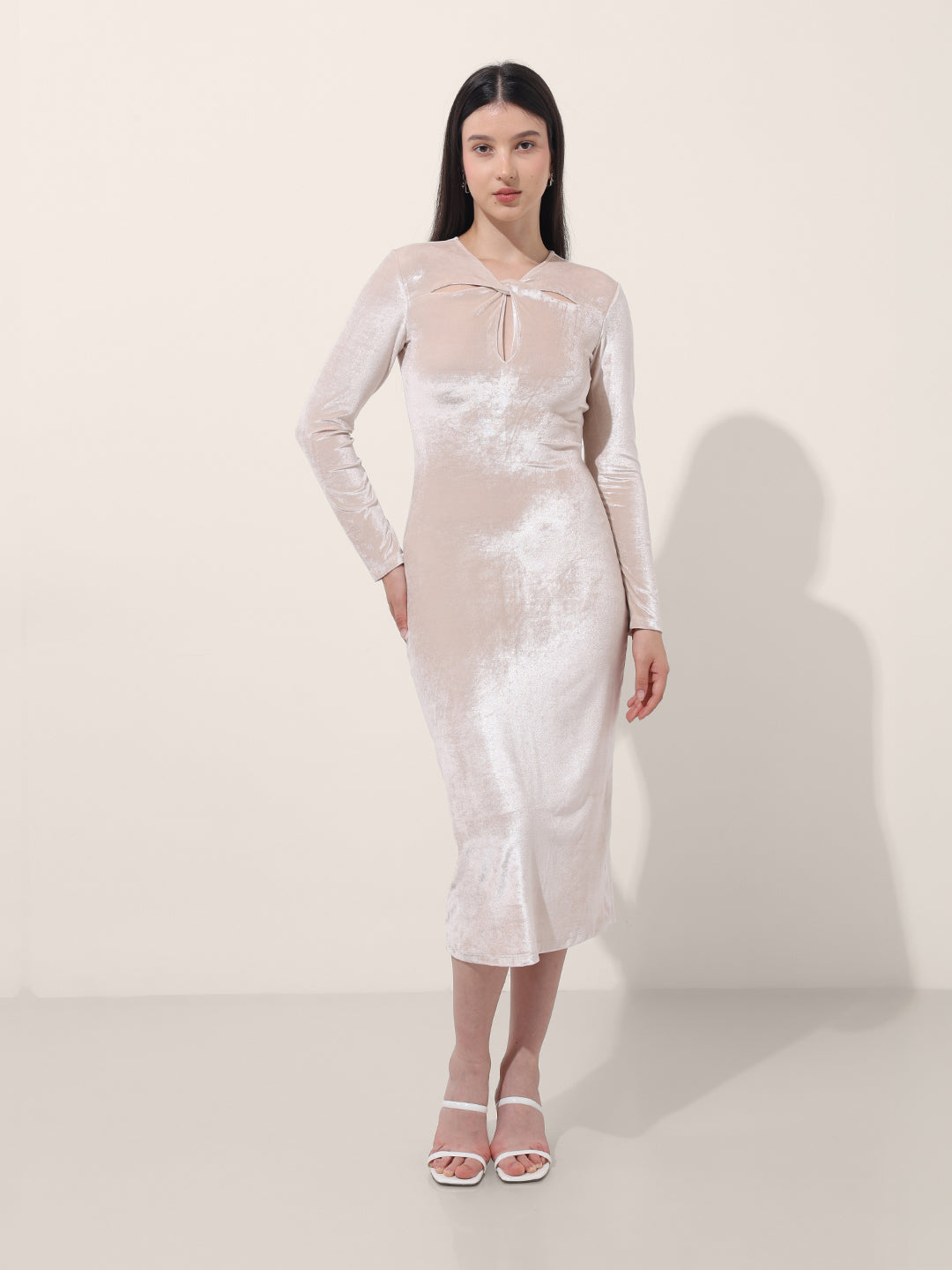 Women's Beige Regular Fit Party Wear Solid Dress