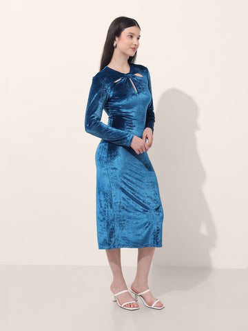 Women's Blue Regular Fit Party Wear Solid Dress