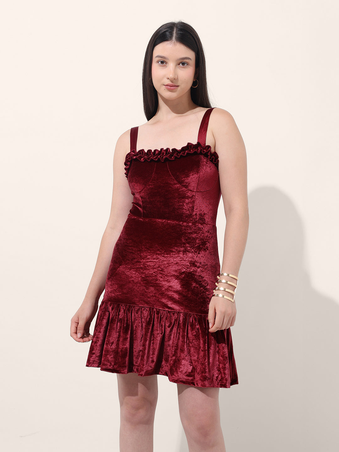 Women's Red Regular Fit Party Wear Solid Dress