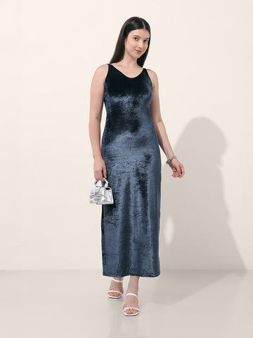 Women's Blue Regular Fit Party Wear Solid Dress