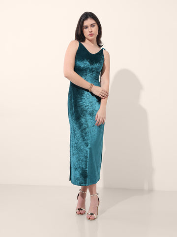 Women's Green Regular Fit Party Wear Solid Dress