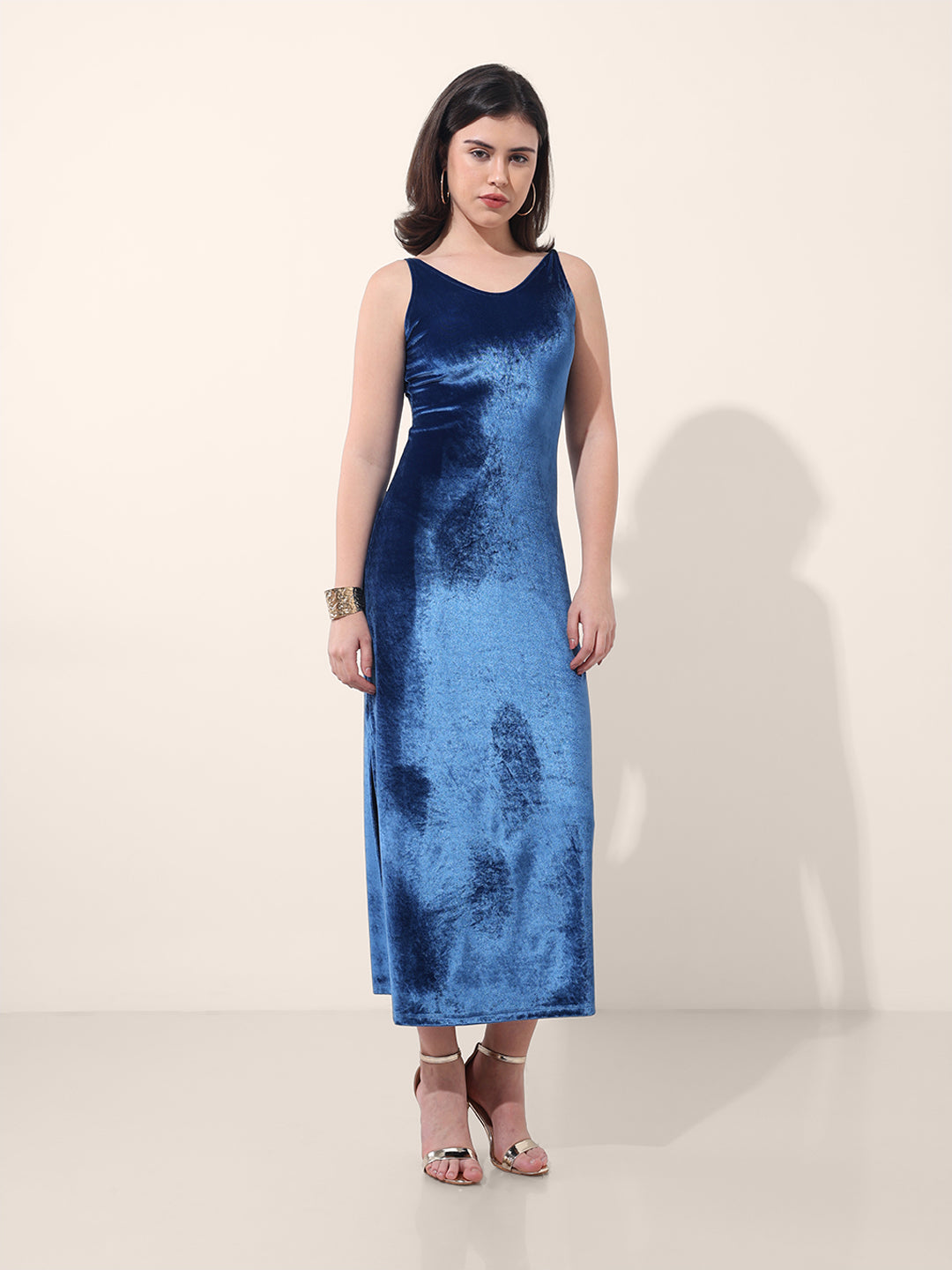 Women's Blue Regular Fit Party Wear Solid Dress