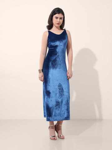 Women's Blue Regular Fit Party Wear Solid Dress