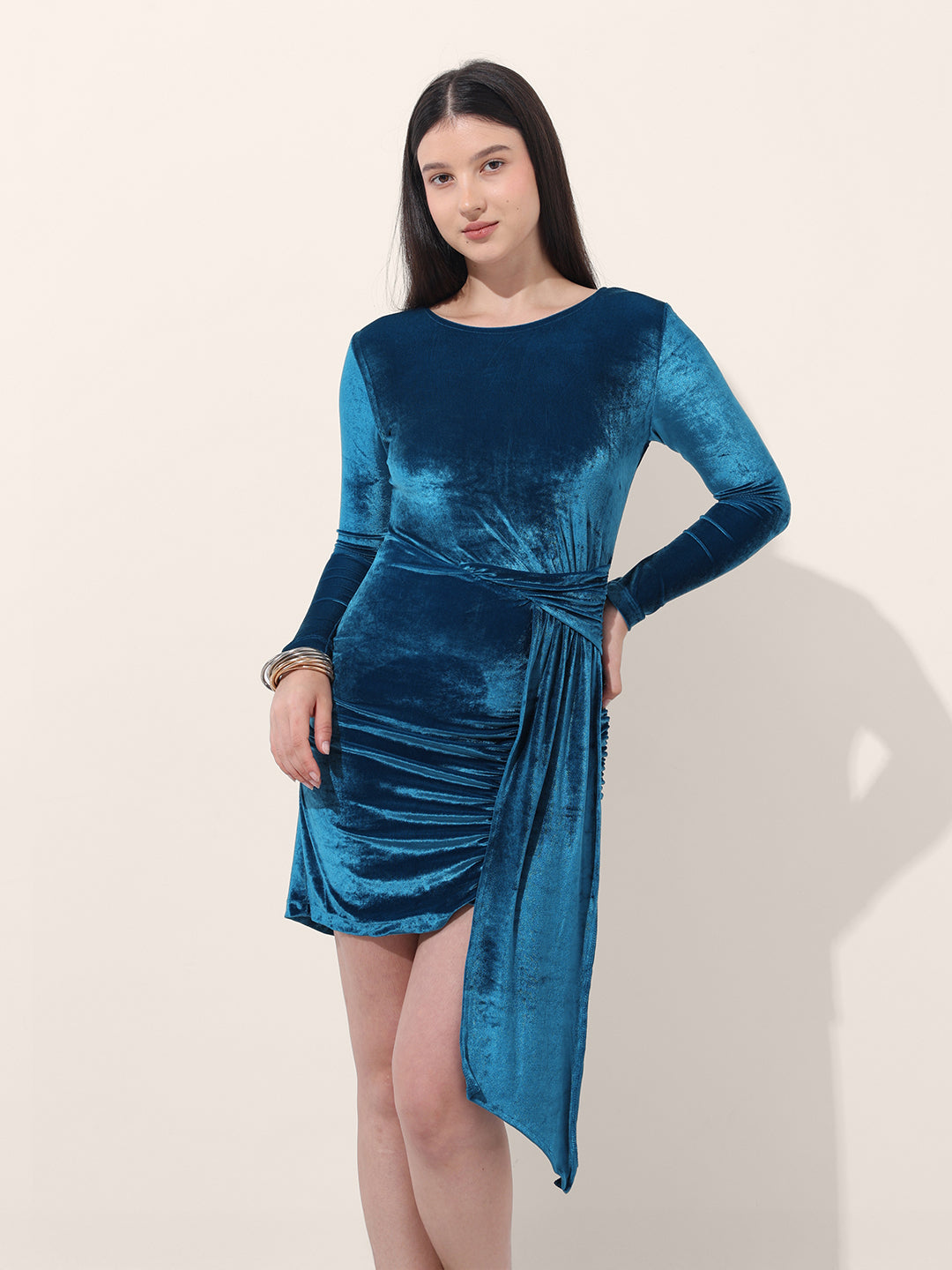 Women's Blue Regular Fit Party Wear Solid Dress