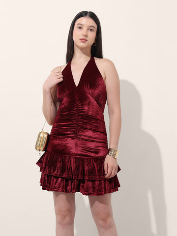 Women's Red Regular Fit Party Wear Solid Dress