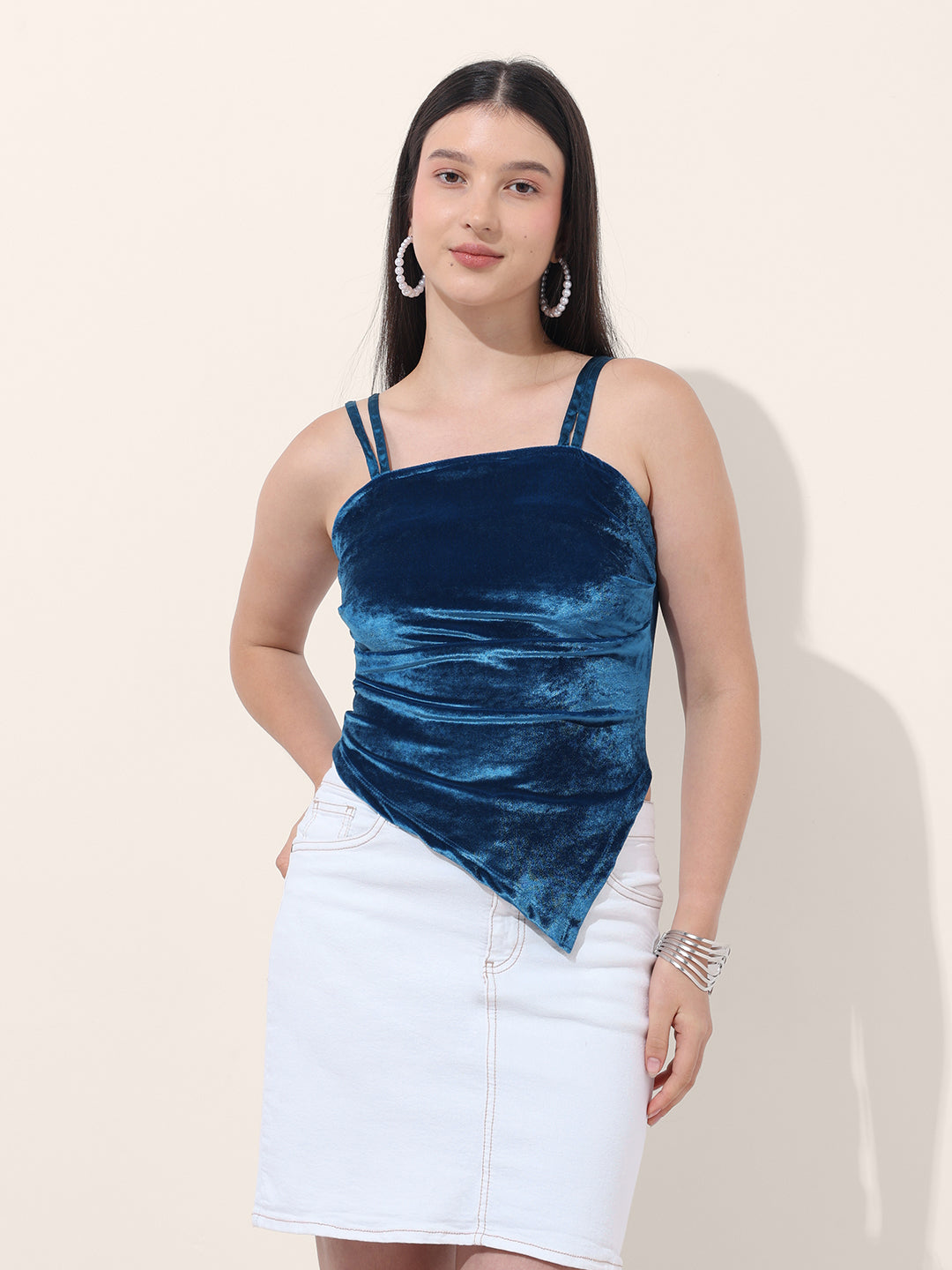 Women's Blue Regular Fit Party Wear Solid Tops