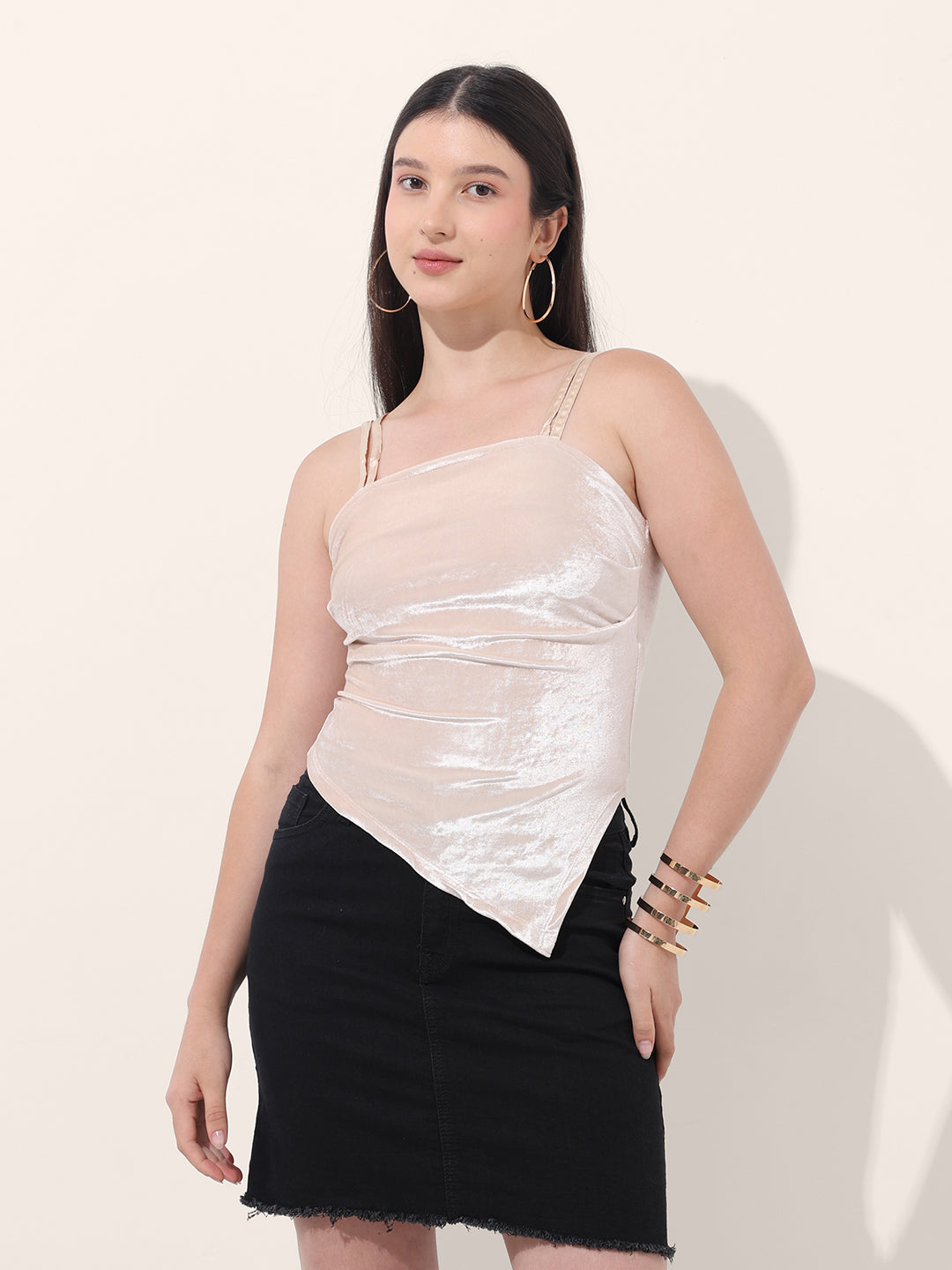 Women's Beige Regular Fit Party Wear Solid Tops