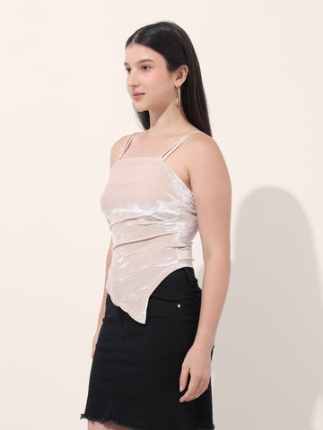 Women's Beige Regular Fit Party Wear Solid Tops