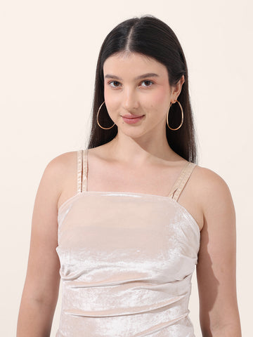 Women's Beige Regular Fit Party Wear Solid Tops