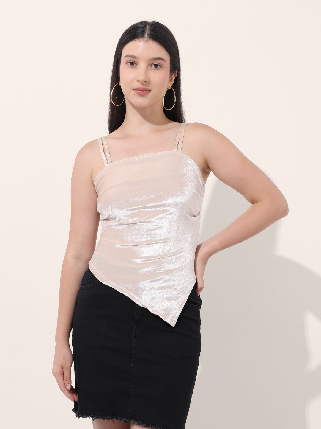 Women's Beige Regular Fit Party Wear Solid Tops