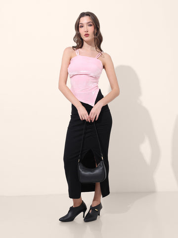 Women's Pink Regular Fit Party Wear Solid Tops