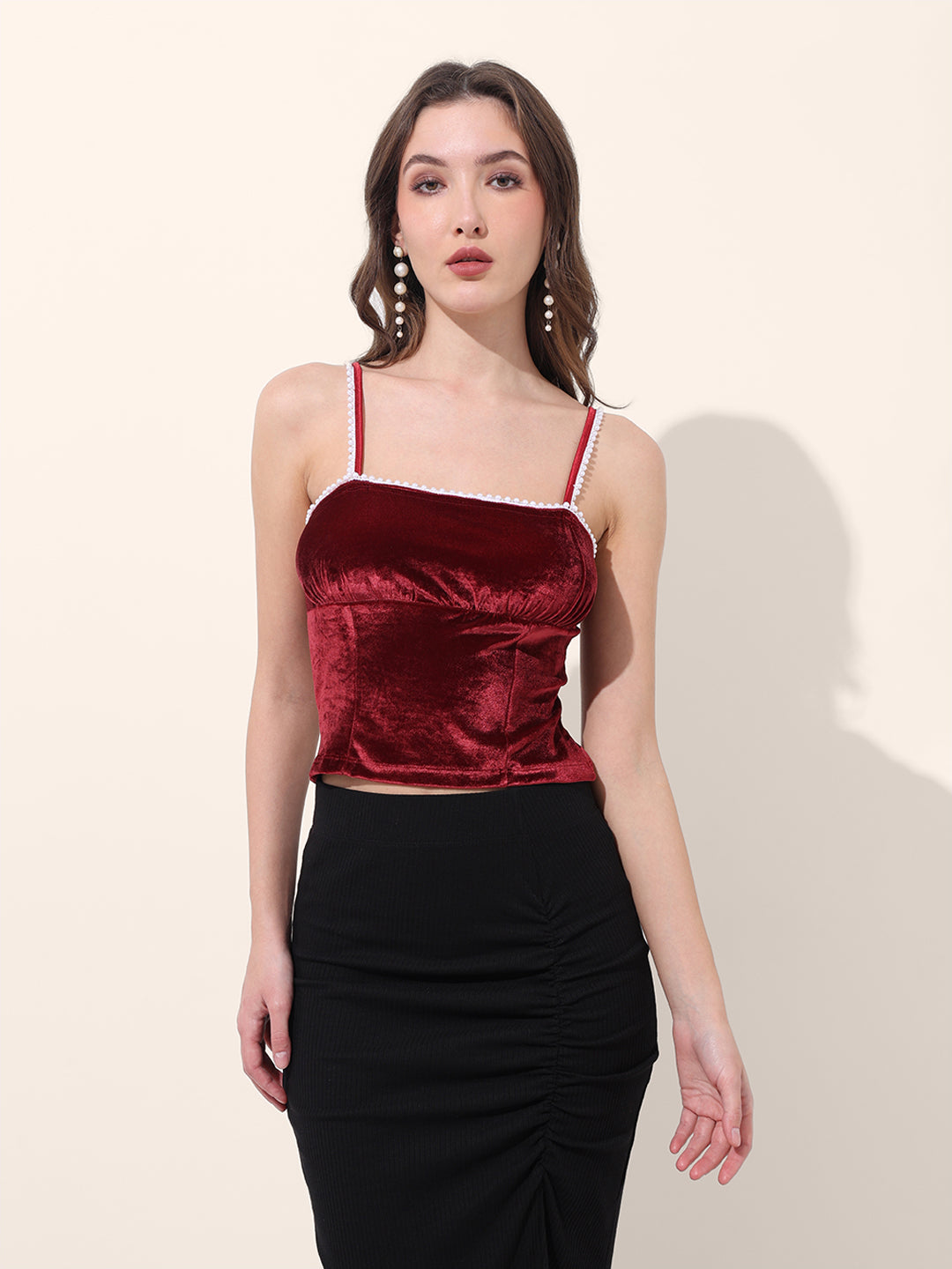 Women's Red Regular Fit Party Wear Solid Tops
