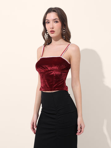 Women's Red Regular Fit Party Wear Solid Tops