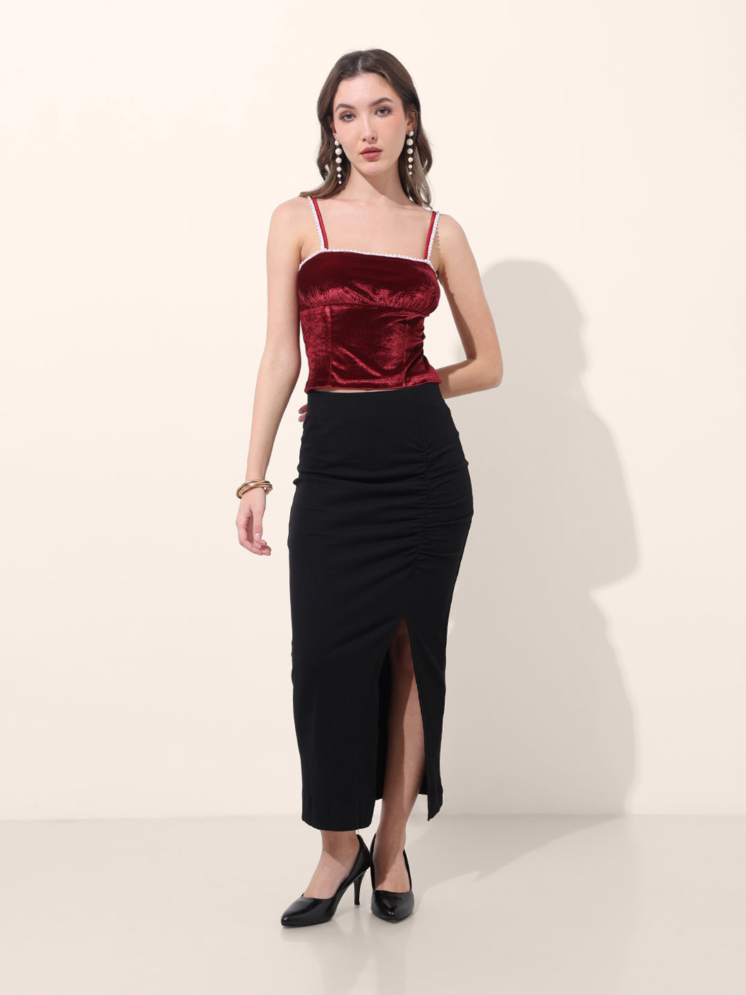 Women's Red Regular Fit Party Wear Solid Tops