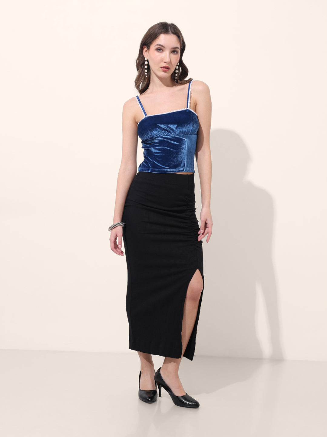 Women's Blue Regular Fit Party Wear Solid Tops