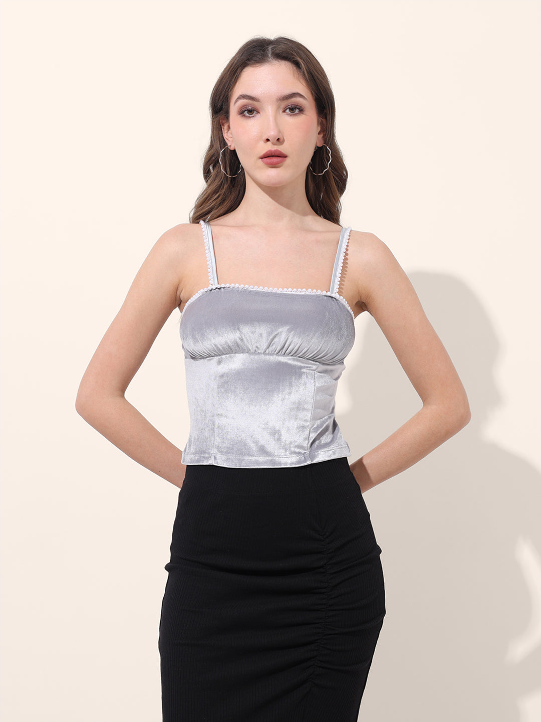 Women's Grey Regular Fit Party Wear Solid Tops