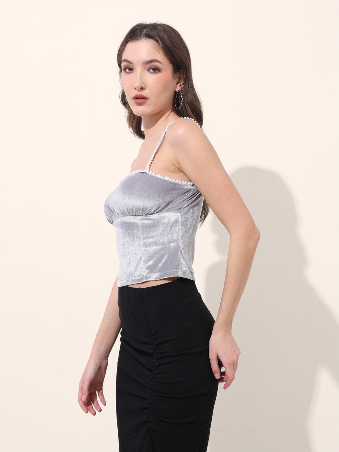 Women's Grey Regular Fit Party Wear Solid Tops