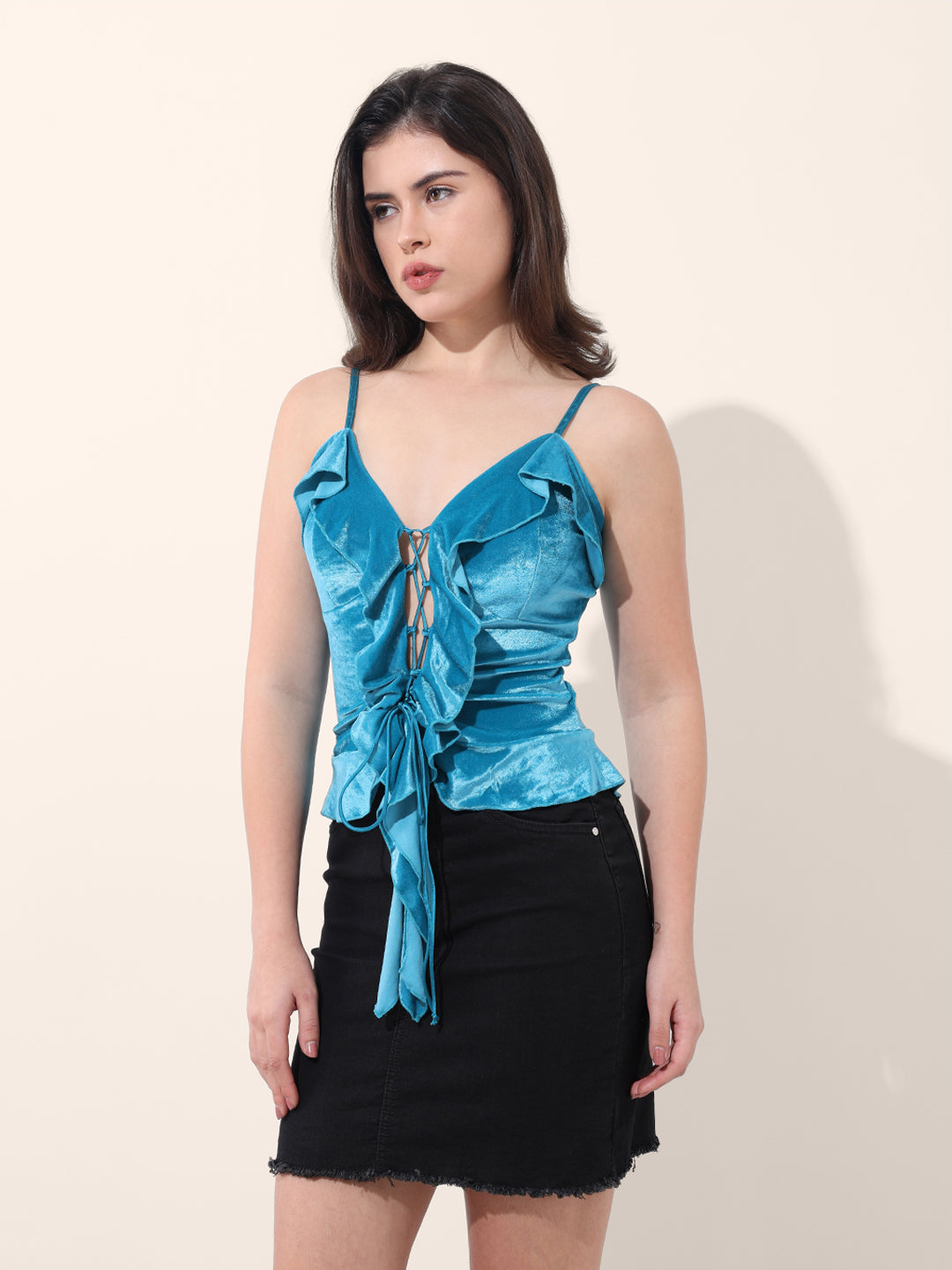 Women's Blue Regular Fit Party Wear Solid Tops