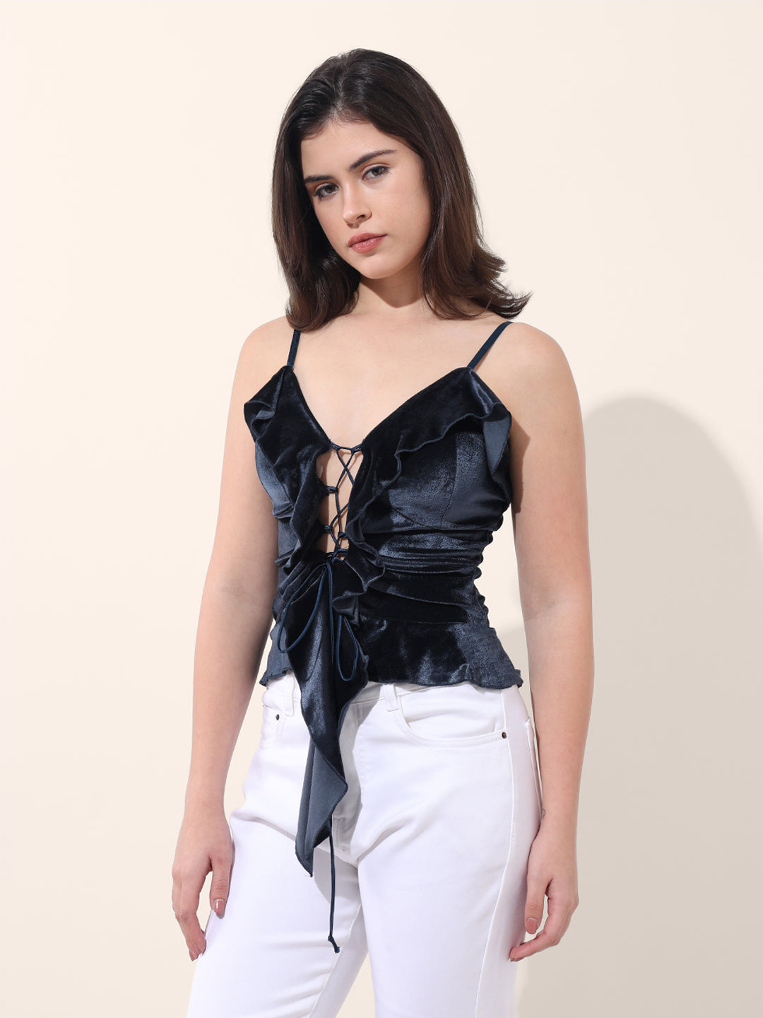 Women's Blue Regular Fit Party Wear Solid Tops