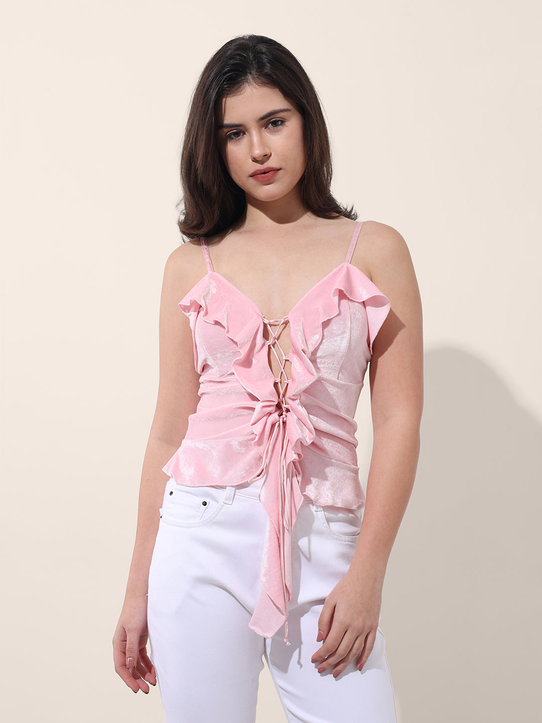 Women's Pink Regular Fit Party Wear Solid Tops