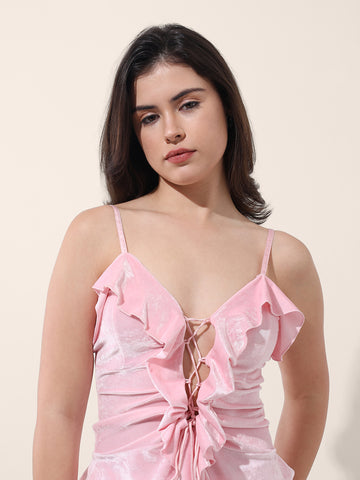 Women's Pink Regular Fit Party Wear Solid Tops