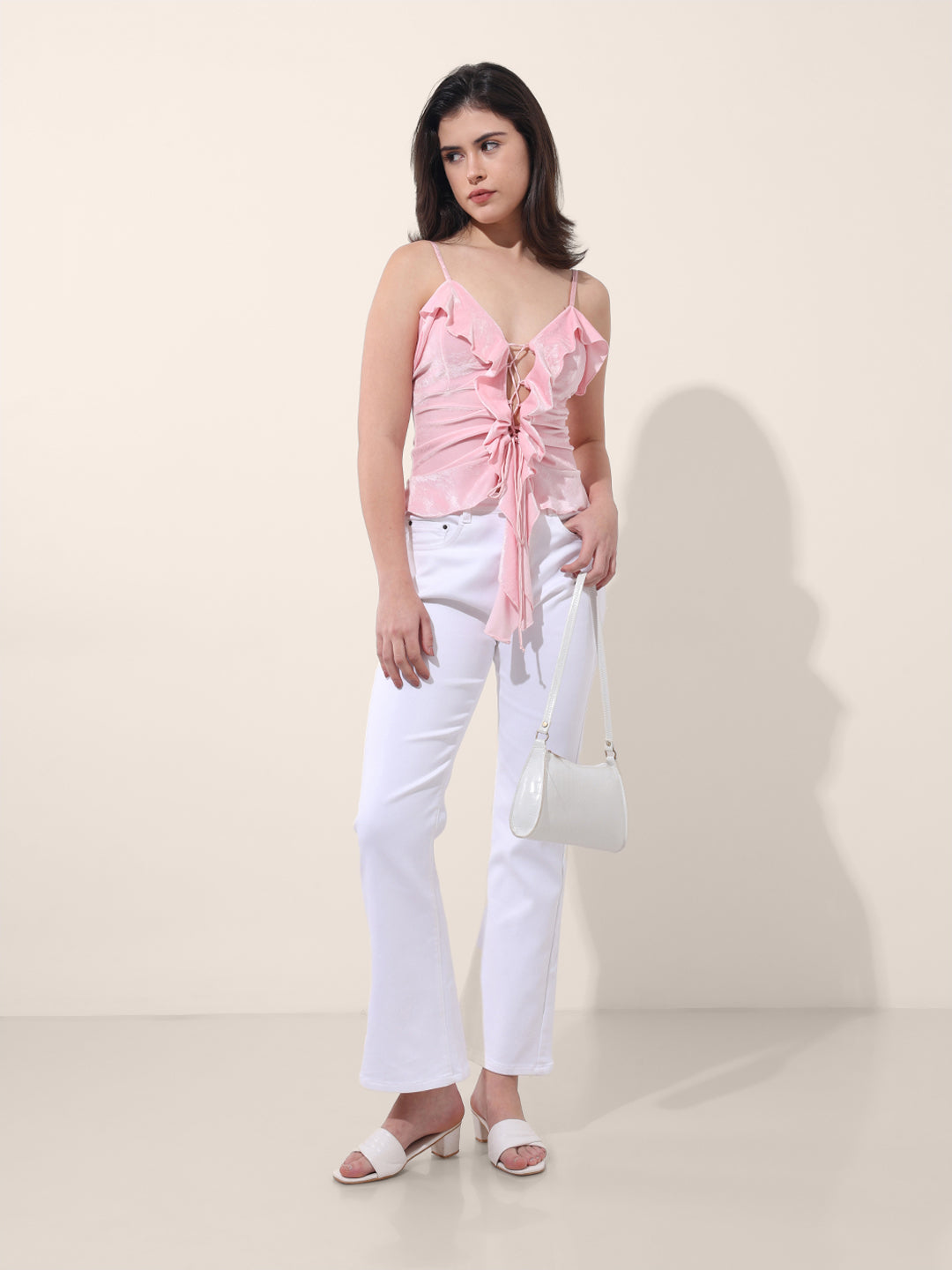 Women's Pink Regular Fit Party Wear Solid Tops