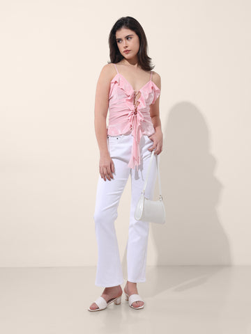 Women's Pink Regular Fit Party Wear Solid Tops