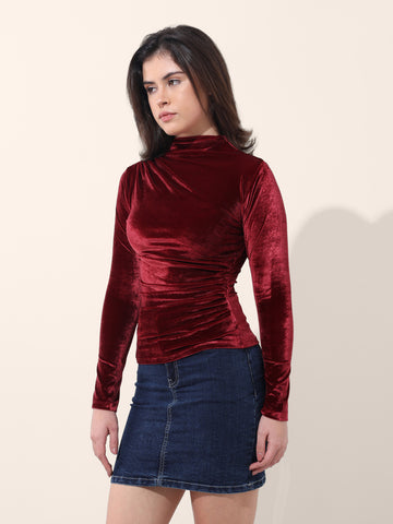 Women's Red Regular Fit Party Wear Solid Tops