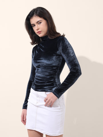 Women's Blue Regular Fit Party Wear Solid Tops