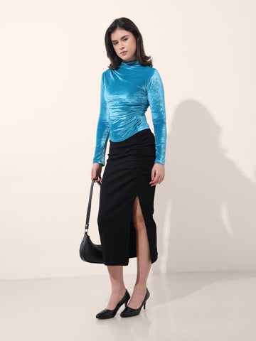 Women's Blue Regular Fit Party Wear Solid Tops