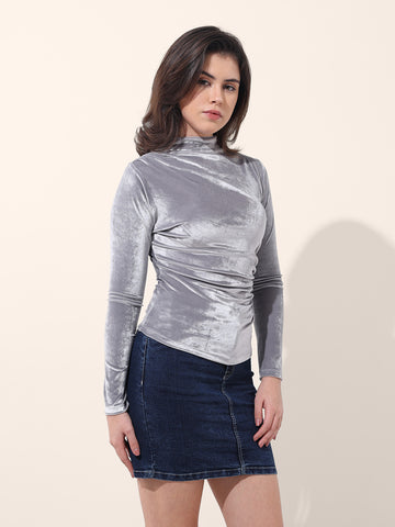 Women's Grey Regular Fit Party Wear Solid Tops