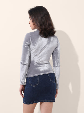 Women's Grey Regular Fit Party Wear Solid Tops