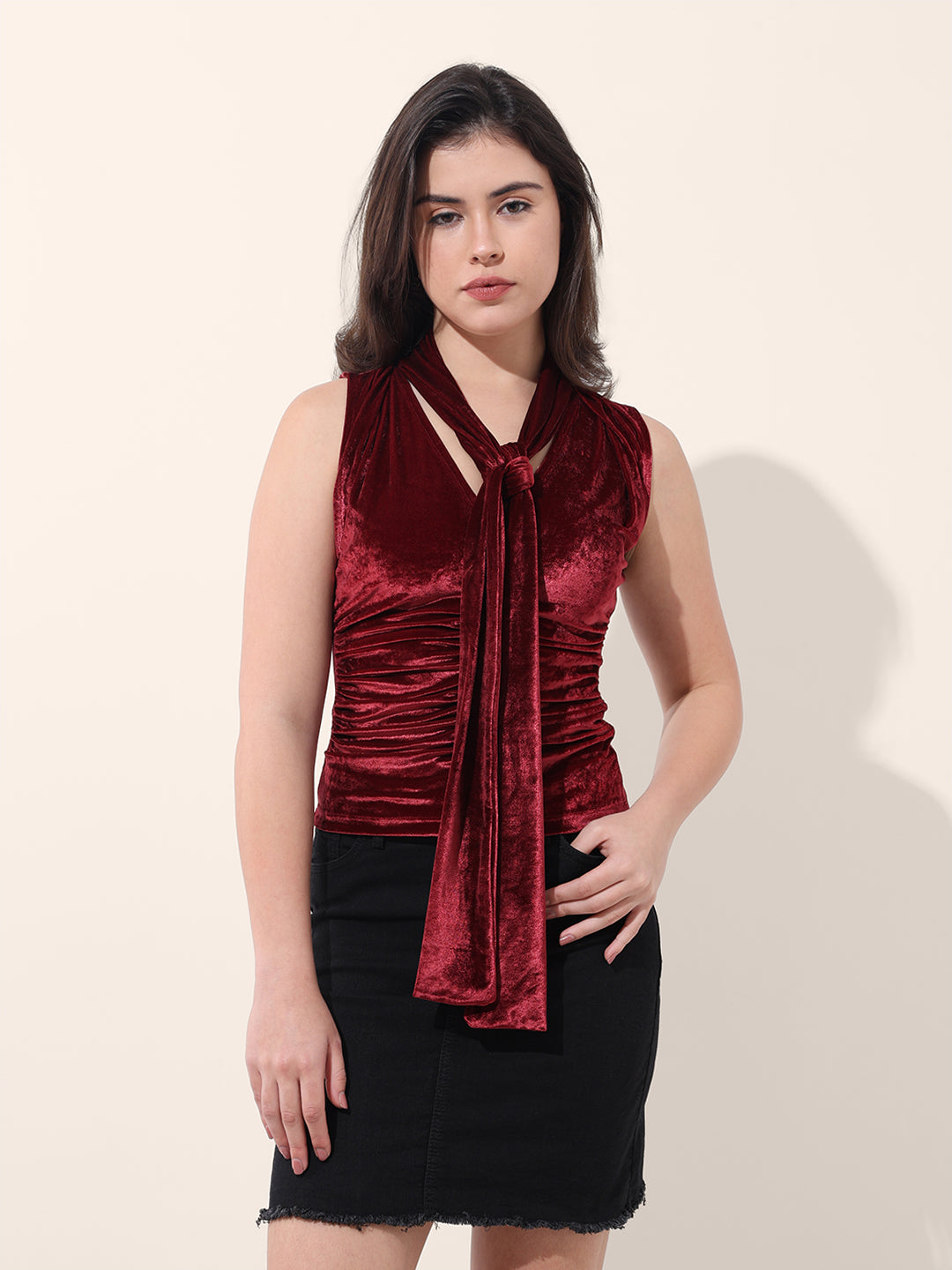 Women's Red Regular Fit Party Wear Solid Tops