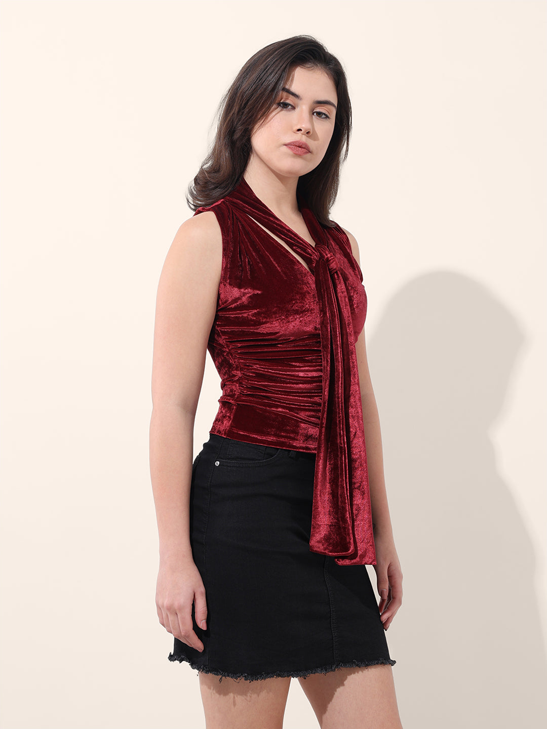 Women's Red Regular Fit Party Wear Solid Tops