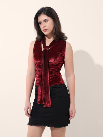 Women's Red Regular Fit Party Wear Solid Tops